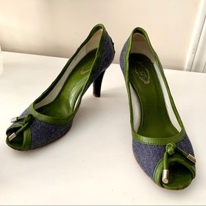 Tod’s peep toe denim pumps
